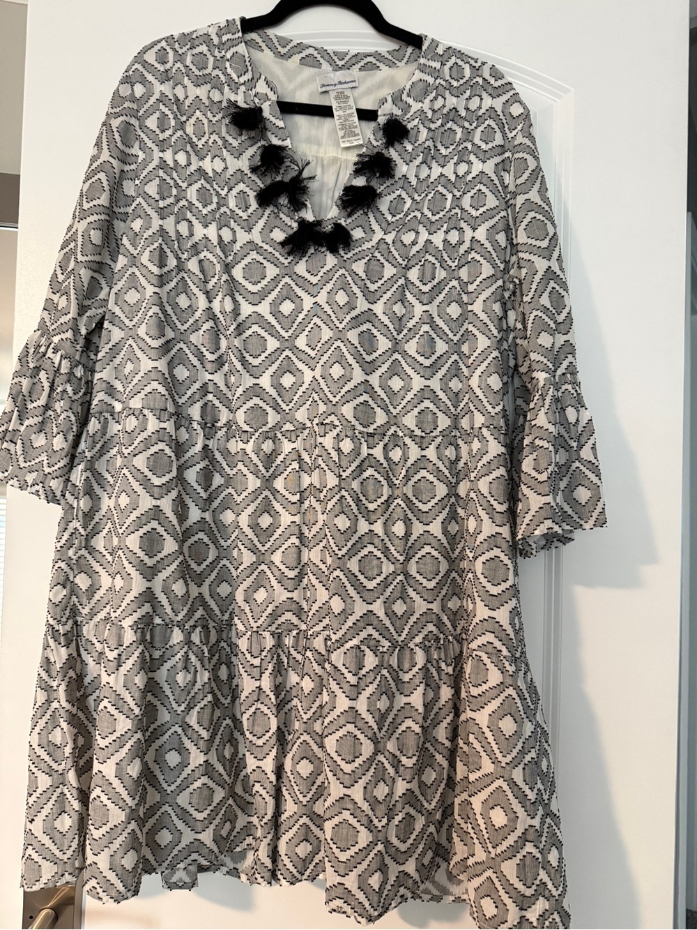 Tommy Bahama Women’s Diamond Clip Tiered Black tassels Swim-dress, cover up.